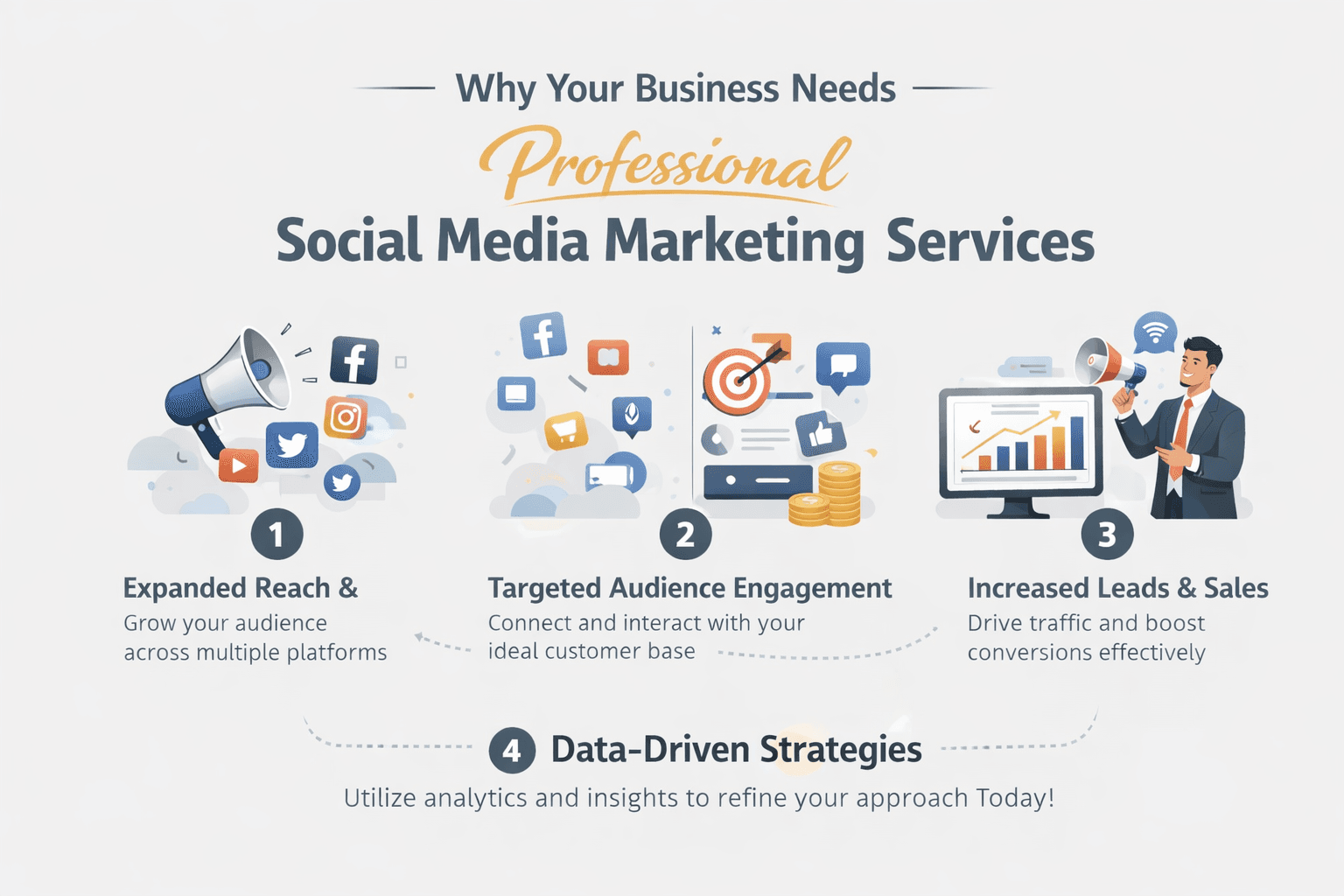 Clean flat-style infographic explaining benefits of professional social media marketing services including strategy planning, content creation, paid ads, analytics tracking, and ROI growth visualization.