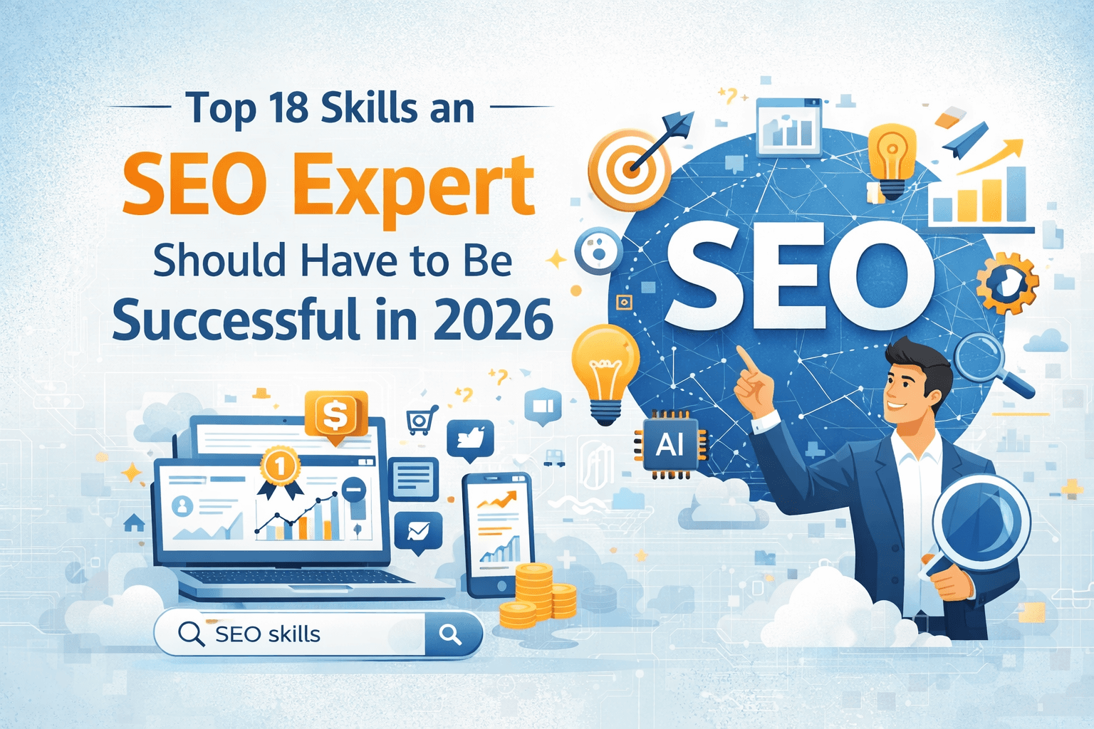 SEO expert analyzing website performance, analytics dashboard, and AI tools for 2026 success.