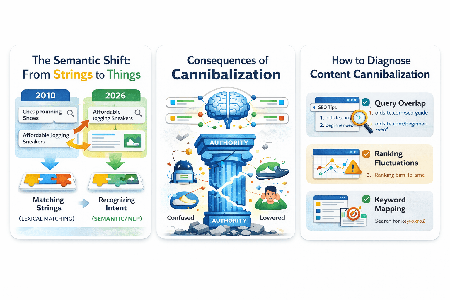 nfographic explaining content cannibalization in SEO, showing the semantic shift from lexical keyword matching to intent recognition, the consequences of split authority with a broken pillar labeled “Authority,” and a diagnostic checklist highlighting query overlap, ranking fluctuations, and keyword mapping.